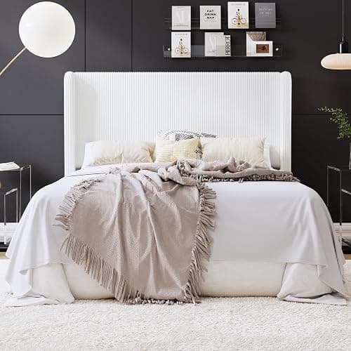 SHA CERLIN Full Size Corduroy Upholstered Platform Bed Frame with Vertical Channel Tufted Wingback Headboard, 8" Under Bed Storage, Wooden Slats & Metal Frame Support, Easy Assembly, White - Image 1