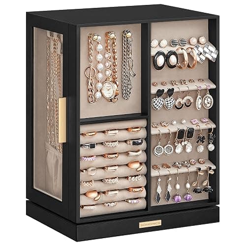 SONGMICS GISELLA Collection - Jewelry Box Organizer 360° Rotating, Large Vertical Jewelry Storage Case with 5 Drawers, Shiny Metal Hardware, Glass Window, Gift Idea, Ink Black UJBC170B01 - Image 1