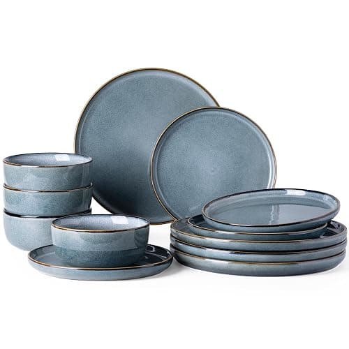 GBHOME Ceramic Dinnerware Sets for 4, 12 Pieces Stoneware Plates and Bowls Sets, Reactive Glaze Dishes -Scratch Resistant, Dishwasher&Microwave Safe, Space Blue - Space Blue - Service for 4(12Pcs) - Image 1