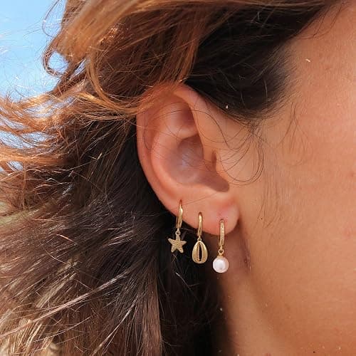 SELFROSE Gold Earrings For Women, Dainty Huggie Earrings Stack 14K Gold Plated Pearl Dangle Earrings for Women Trendy Cute Hypoallergenic Unique Gold Earring Stack Fashion Gold Jewelry Gifts - Image 1