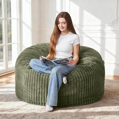 HABUTWAY 3FT Bean Bag Chair, 3' Large Bean Bag Chairs for Adults with Stripe Plush Cover, Memory Foam Beanbag Chair for Living Room Bedroom Dorm,Green - Image 1