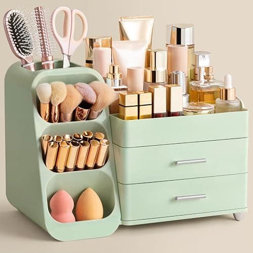 HBlife Makeup Organizer with Brush Holder for Vanity, Large Plastic Bathroom Countertop Organizer Skin Care Storage, Easy to Store Lipsticks, Nail Polishes, Perfumes, Eyeshadow Palettes, All Green - Image 1