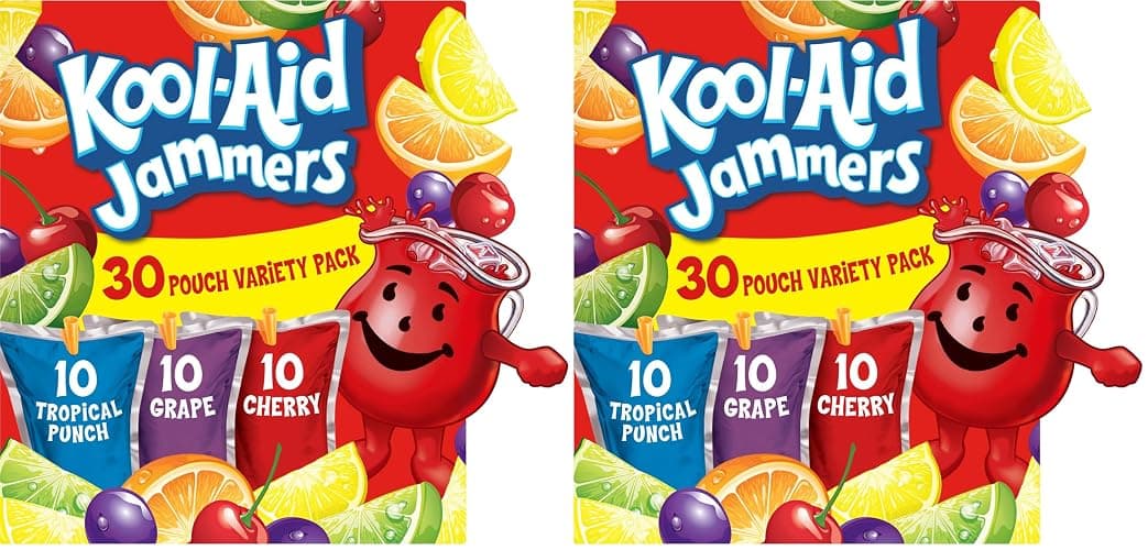 Kool-Aid Jammers Tropical Punch, Grape & Cherry Flavored 0% Juice Drink Variety Pack, 30 ct Box, 6 fl oz Pouches (Pack of 6) - Image 1