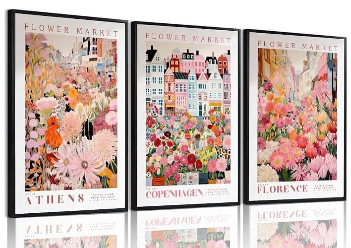 XLARTMY Flower Market Wall Art Prints Canvas Pink Floral Paintings Colorful Botanical Sunflower Artwork Travel Posters for Home Decor Pictures Set of 3 for Living Room Bedroom 12x16in Unframed - Image 1