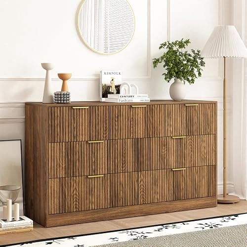 Sscaktu Walnut 7 Drawer Dresser for Bedroom, 55’’ Wide Wood Chest of Drawers, Modern Fluted Bedroom Dressers Large Dresser with Deep Drawers, Mid Century Dresser TV Stand for Living Room, Hallway - Image 1