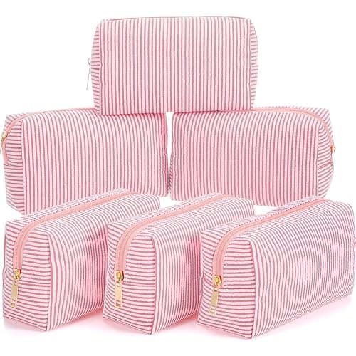 Sanwuta 6 Pcs Seersucker Cosmetic Bags Bulk, Striped Zippered,Coral Pink | Makeup Bags Women Pouch, Large Preppy Storage Toiletry Travel Pouch for Wedding Bridesmaid Bride Favor Back to Teacher Gift - Image 1