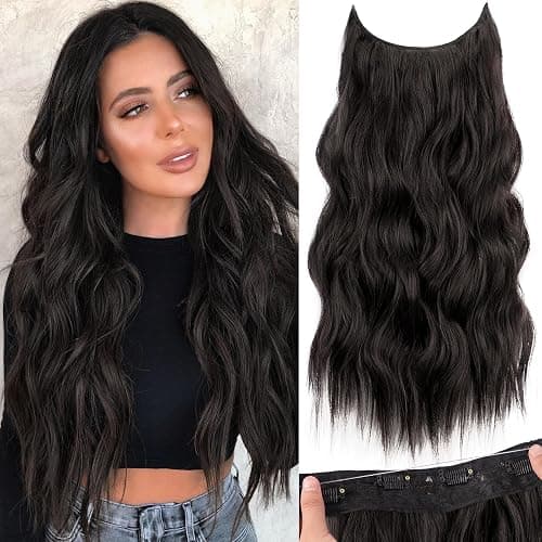 KooKaStyle Invisible Wire Hair Extensions with Transparent Wire Adjustable Size 4 Secure Clips Long Wavy Secret Synthetic Hairpiece 20 Inch 120g Rich Dark Brown with Warm Tones for Women - Image 1