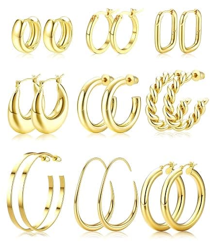 ORAZIO Gold Plated Chunky Hoop Earrings Set for Womens Trendy Silver Dainty Huggie Stacks Lightweight Hoops Earring Tarnish Free Jewelry for Women - Image 1