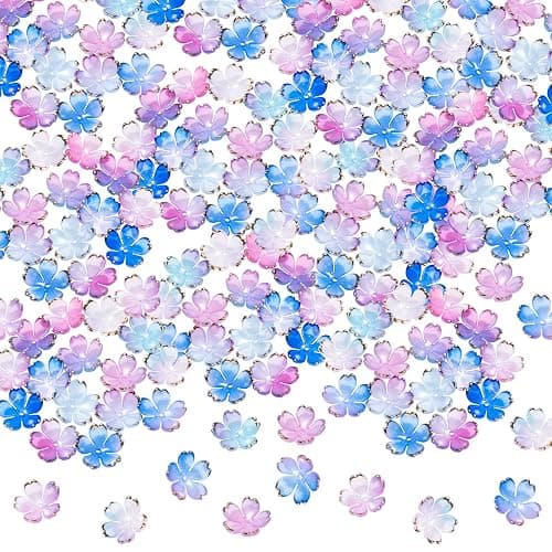 BEIQIYA 100pcs Cherry Blossom Floral Beads, Blue Gradient 5-Petal Acrylic Flower Charms, Gold-Plated Mini Spacers Beads for Bracelets Necklaces Earrings Jewelry Making - Image 1