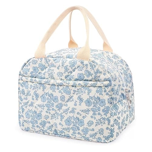 Cotton Quilted Insulated Lunch Bag, Cute Quilted Floral Lunch Tote Bags Reusable Insulated Lunch Box Coquette Aesthetic Large Capacity Insulated Cooler for Women Work Travel Picnic (Big Blue Flowers) - Image 1