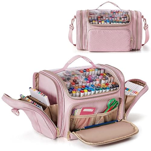 Rexmica Marker Organizer Bag for 180-300 Markers, Large Marker Storage Case with Detachable Divider for Adults, Markers Travel Holder Case Bag for Various Markers or Other Art Craft Supply, Pink - Image 1