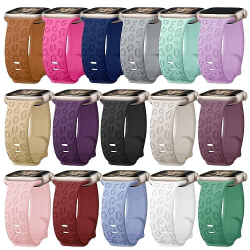 Kounlsyam 16 Pack Leopard Engraved Bands Compatible with Apple Watch Band 49mm 46mm 45mm 44mm 42mm 41mm 40mm 38mm for Women Men, Cheetah Silicone Strap for iWatch Series Ultra 11 10 9 8 SE 7 6 5 4 3 2 1 - Image 1