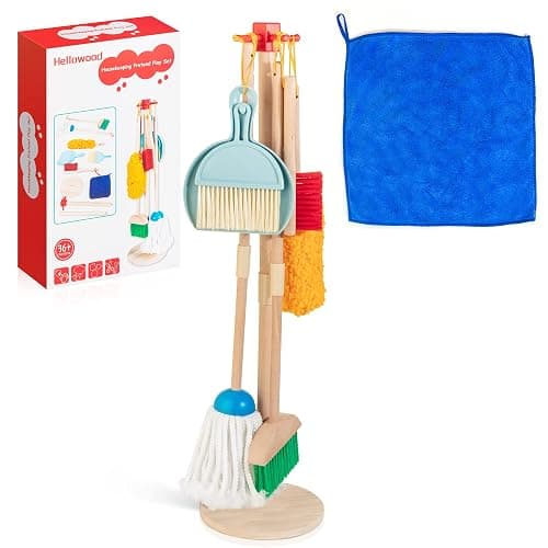 HELLOWOOD Kids Cleaning Set, 8 Pcs Wooden Housekeeping Play Set Includes Broom Mop Duster Dustpan Brushes Rag and Organizing Stand, Cleaning Toys Gift for Toddlers Girls Boys Age 3-6, Solid Beech Wood - Standard Edition - Image 1
