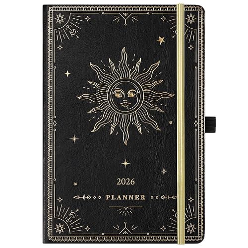Artfan Diary 2026 - Diary 2026 a5 Week to View, January 2026 - December 2026 12 Months, Premium Leather Cover, Gold Stamp, Accordion Pocket, 25 Note Pages, Black - Image 1