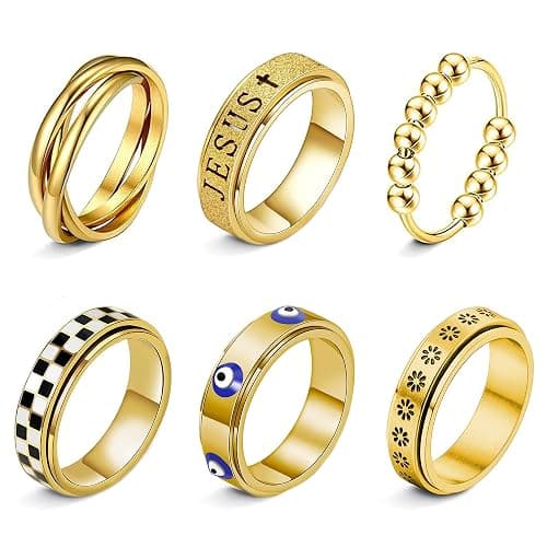 LOFITOR Fidget Rings for Anxiety 6pcs Stainless Steel Spinner Ring Anti Anxiety Ring Spinning Moon Star Cool Stress Relieveing CZ Rings for Women Men Band Rings Set - Image 1