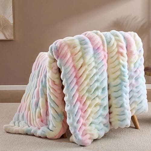 Smoofy Rainbow Throw Blanket for Couch – Luxury Faux Rabbit Fur Blanket, Ultra Soft Fluffy Plush Fuzzy, Lightweight Warm Cozy Blanket for Bed Sofa, Colorful Aesthetic Room Decor Gift for Women 50"x60" - Image 1