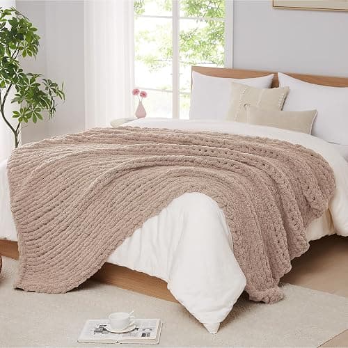 L'AGRATY Chunky Knit Blanket Throw: 50''x60'' Chenille Chunky Knitted Throw Blanket for Bed Couch - Handmade Thick Big Cable Knit Blanket - Large Crochet Rope Blanket for Home Decor(Light Taupe) - Image 1