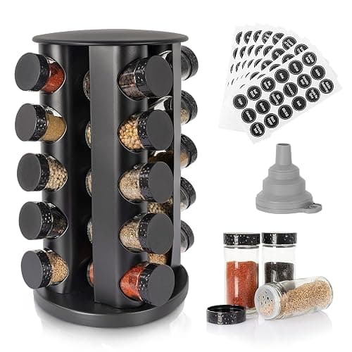 Tianifa Black Countertop Rotating Spice Rack, Round Empty 20-Jars Revolving Spice Rack Organizer, 135 Spice Labels with Funnel Complete Set, for Kitchen Countertop, Cabinet - Image 1