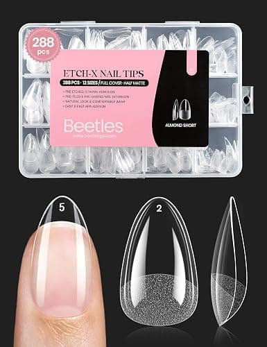 Beetles Soft Gel Nail Tips Short Almond 288pcs in 12 Sizes, Etch-X Pre-Etched Full Cover Acrylic Fake Nails Art, Salon Quality Nail Supplies, Easy DIY Nail Extension or Press On Nails, Gift for Women - Image 1