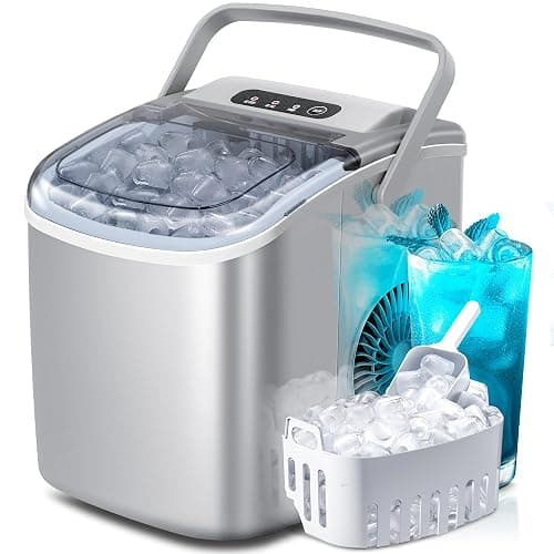 Portable Countertop Ice Maker Machine with Handle, 9 Bullet-Shaped Ice Cubes Ready in 6 Mins, 26Lbs/24H, Self-Cleaning Function with Ice Scoop and Basket for Home/Kitchen/Party (Grey) - 26LBS/24H - Grey - 1 - Image 1