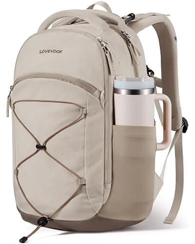 LOVEVOOK Everyday Laptop Backpack for Women Men With Tumbler Holder,15.6inch Classic Travel Work College Teacher Carryon Backpack Purse,Waterproof Computer laptop Bag Hiking Backpack,Light khaki-Brown - Image 1