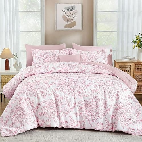 WONGS BEDDING King Size Comforter Set, 8 Pieces Pink Floral Bed in a Bag Comforter Sets, Botanical Print Soft Fluffy Microfiber Complete Bedding Sets for All Season (90"x104") - Image 1