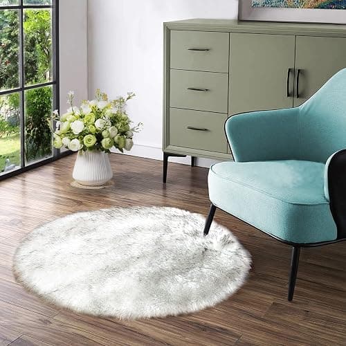 Latepis Grey and White Small Round Rug 3ft Faux Sheepskin Fur Circle Rug for Living Room Bedside Fluffy Shag Rugs Cute Room Décor - Image 1