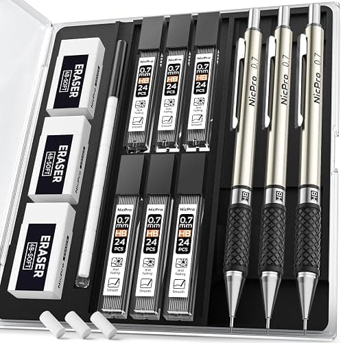 Nicpro 0.7 mm Art Mechanical Pencil Set in Storage Case, 3 PCS Metal Drafting Pencil Lead Pencil with 6 Tube HB Lead Refills, 3 Erasers, 9 PCS Eraser Refills for Artist Writing, Drawing, Sketching - Image 1