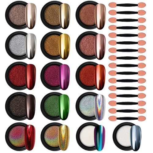 Artdone 16 Jars Chrome Nail Powder Magic White Pearl Kit Mirror Effect Silver Metallic Holographic Dip Nail Powder Decoration Iridescent Aurora Mermaid Pigment - Image 1