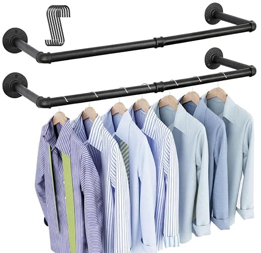 OROPY Industrial Pipe Clothes Rack Wall Mounted Set of 2, 38.4 inches Heavy Duty Iron Pipe Clothing Garment Rail, Multi-Purpose Clothing Hanging Rod for Laundry Room and Closet Storage - Black(38.4") - 2 - Image 1