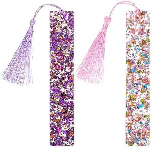 Piriuuo 2 Pcs Bookmarks for Girls, Glitter Resin Bookmarks Transparent Kids Art Bookmark with Colorful Silk Tassels for Women Girls Book Lovers Reading Presents - Image 1