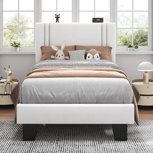 Feonase Twin Platform Bed Frame, Velvet Upholstered Wingback Bed Frame, Solid Wood Slats & Heavy Duty Feet Support, No Box Spring Needed, Noise-Free, Easy Assembly, White - White - Twin - Image 1