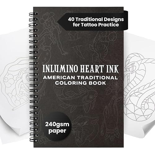 Inlumino Heart Ink Tattoo Practice Coloring Book: American Traditional – Spiral Bound Art Book with 40 Designs on 240 GSM Textured Pages – Use with Ballpoint Cartridges & Rotary Machines - Image 1