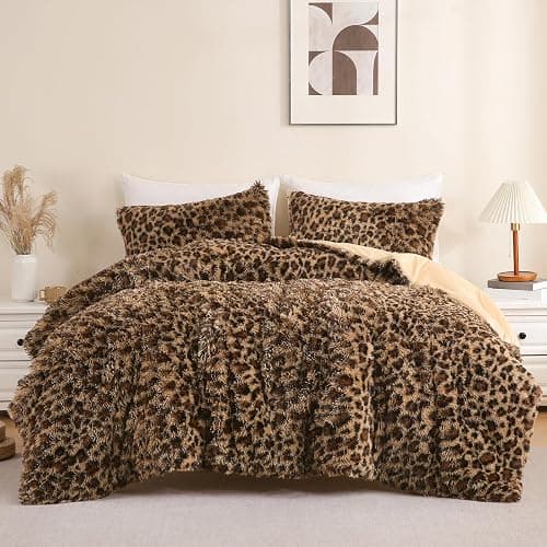 Melo10PM Cheetah Print Fluffy Faux Fur Comforter Set Full Size, 3 Pieces Brown Leopard Plush Shaggy Fuzzy Bedding Set, Ultra Soft Luxury Furry Boho Animal Print Winter Warm Comforter for Women Gilrs - Image 1