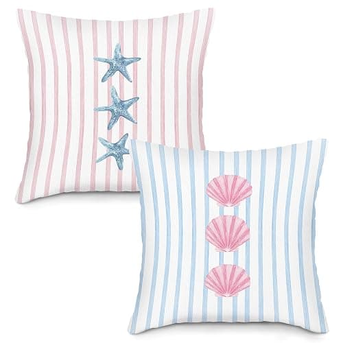 LLOKARNORA Preppy Starfish Seashell Throw Pillow Covers Set of 2, Pink and Blue Striped Pillow Case Cover for Girls Room, Coastal Square Pillowcase, Beachy Coquette Cushion Cover Case for Couch,18x18 - Image 1
