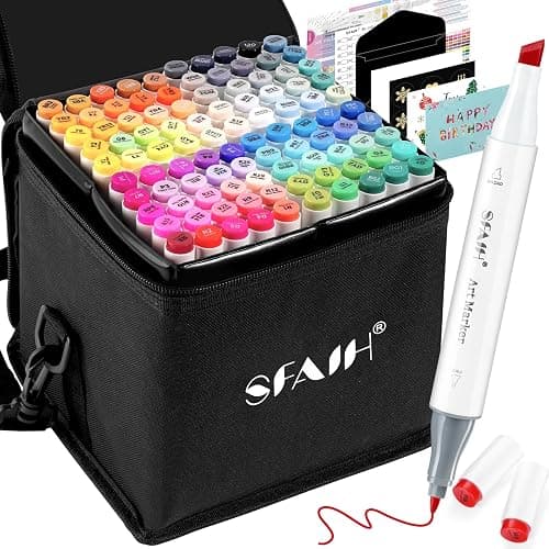 SFAIH Alcohol Markers Fine & Chisel - 101 Colors Double Tipped Art Markers for Adult Coloring Sketch Illustration Comics, Gifts for Artist Adult - Greeting Card & Faux Leather Lining, Refillable Ink - Image 1