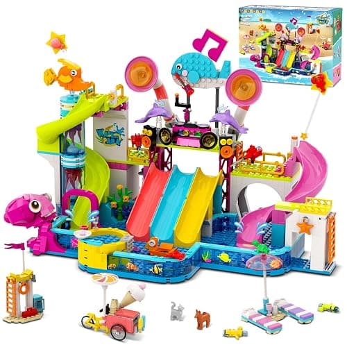 HOGOKIDS Friends Water Park Building Set, 911PCS Summer Fun Party Toy with 5 Water Slides, Creative Swimming Pool Block with Diving Platform & Bike Cart, Pretend Play Gift for Girls Boys Kid Age 8-12+ - Image 1