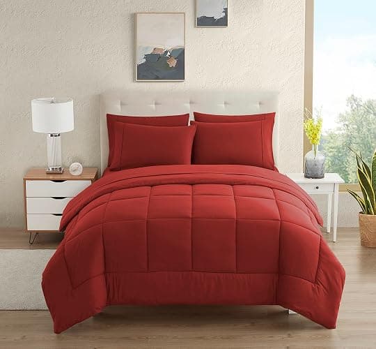 Dorm Room Essentials College Bedding Comforter Set 5 Piece Twin XL Size Bed in a Bag for College Students Boys and Girls, Twin XL, Red - Twin XL - Red - Image 1
