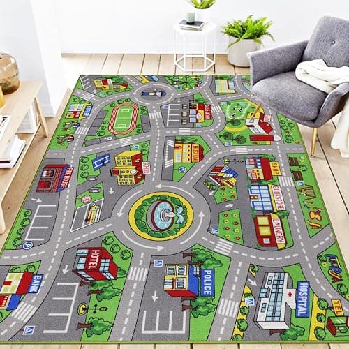 VSIWB Kids Rug 6'6" x 5'0" City Life Playmat Area Rug Car City Map Washable Traffic Road Educational Learning Nursery Rug Carpet for Children Playroom Living Room Bedroom Classroom Decor Green - Image 1