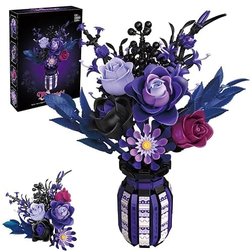 Loyratche Gothic Purple Rose Bouquet Building Set with Vase, Artificial Flowers Botanical Collection Blocks Kit Compatible with Lego for Adults Gift for Valentines Day & Halloween Home Decor - Image 1