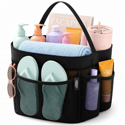YASONIC Mesh Shower Caddy Portable for Dorm College Room Essentials, 8-Pocket Large Shower Bag with Single Handles, Hanging Shower Basket for Beach, Swimming, Bathroom, Beach, Black - Image 1