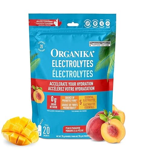 Organika Canadian-Made Electrolytes Powder- Peach Paradise Sachets, On-the-Go Sugar-Free Hydration and Electrolyte Replenishment with Prebiotics and Vitamin C- 3.5g x 20ct - Image 1