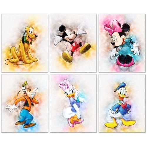 Mickey Mouse Original Watercolor Prints Set of 6 Wall Art Prints for Kids Room Wall Decor (8 x 10 Inch) Minnie Donald Daisy Duck Pluto Goofy - Image 1