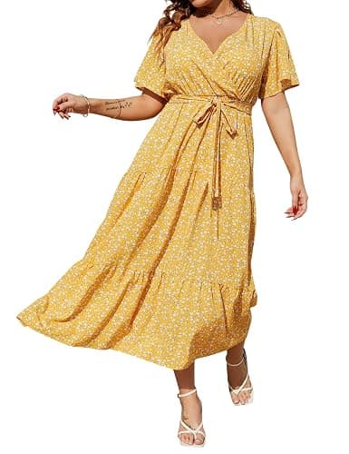 KOJOOIN Women Plus Size V Neck Wrap Maxi Dress Short Sleeves High Waist Ruffle Summer Casual Dress with Belt - Image 1