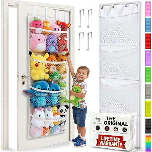 Honeyera The Original Stuffed Animal Storage (Patented) - Over Door Organizer for Stuffies, Baby Ideas Holder, Toy Plush Hammock Hanging Net Big Girls Toddler Large Bag Animals Stuffy Behind - Image 1
