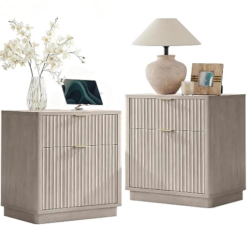 T4TREAM 23'' Fluted Nightstand Set of 2 with Charging Station, Large 2 Drawer Side Table, Modern End Table with Storage, Mid Century Bedside Table for Bedroom, Living Room, Curved Profile, White Alder - Image 1