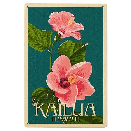 Lantern Press 6x9 Inch Wood Sign, Ready to Hang Wall Decor, Kailua, Hawaii, Pink Hibiscus, Letterpress - Image 1