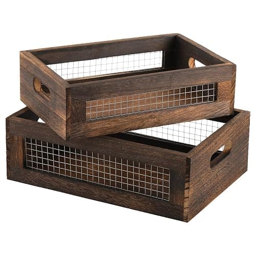 Dicunoy Set of 2 Rustic Nesting Boxes, Wooden Organizer Crates Basket, Small Decorative Wood Wire Containers with Handle for Countertop, Fruit, Veggies, Kitchen, Bathroom, Pantry Storage, Gift Basket - Image 1