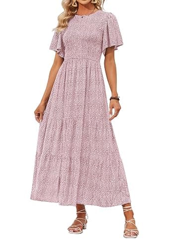 ZESICA Women's 2025 Summer Casual Floral Print Short Flutter Sleeve Crew Neck Smocked High Waist Flowy Maxi Dress - Darkpink - Small - Image 1