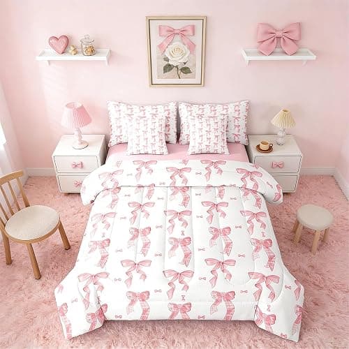 Erosebridal 7 Piece Bedding Set Full Bowknot Comforter Set with Sheets Coquette Checkered Bow Bed in a Bag Cute Princess Fashion Kawaii for Kids Girls Women - Image 1